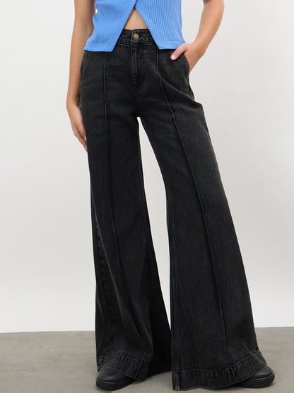 Black Wash Front Seam Bell Bottom Jeans