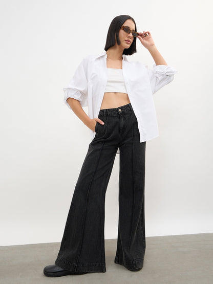 Black Wash Front Seam Bell Bottom Jeans