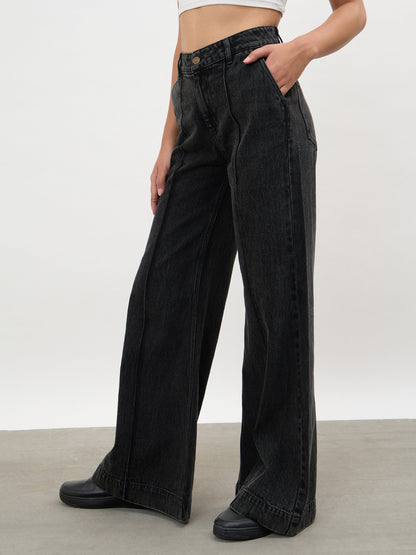Black Wash Front Seam Bell Bottom Jeans