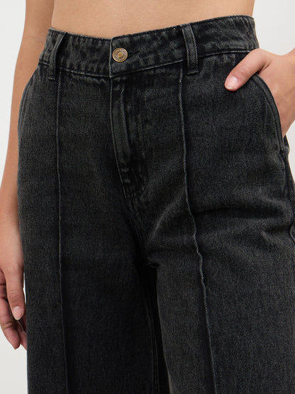 Black Wash Front Seam Bell Bottom Jeans