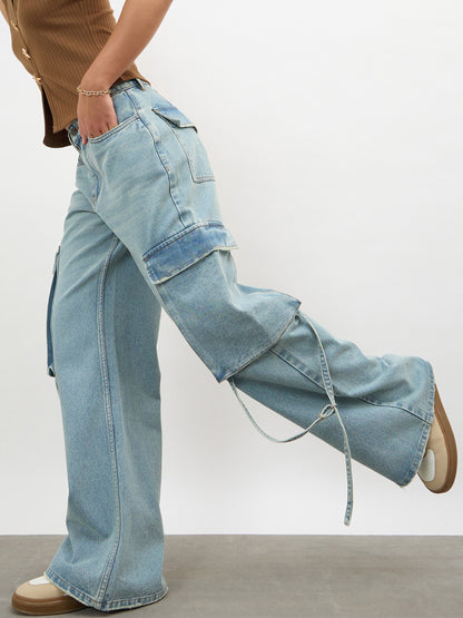 Ice Blue Loop Detail Cargo Jeans