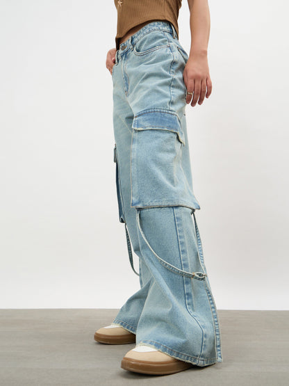 Ice Blue Loop Detail Cargo Jeans