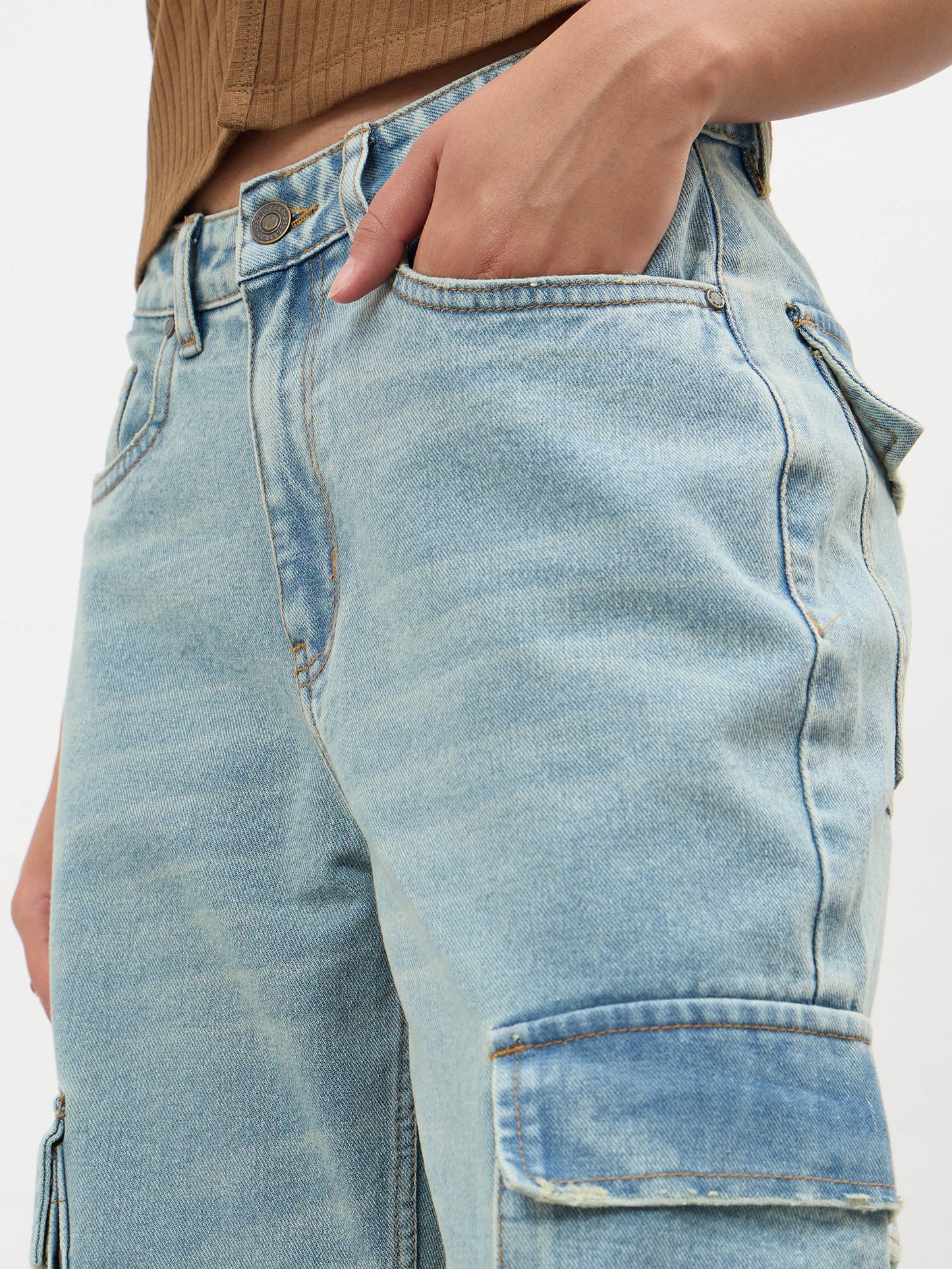 Ice Blue Loop Detail Cargo Jeans