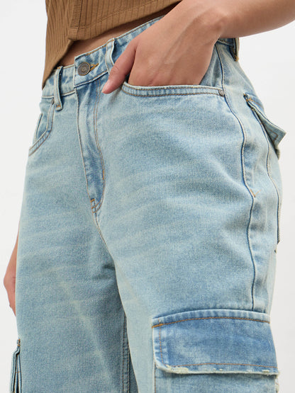 Ice Blue Loop Detail Cargo Jeans