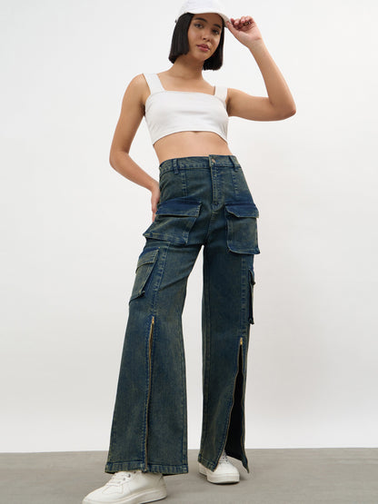 Navy Acid Wash Hem Zipper Cargo Straight Jeans