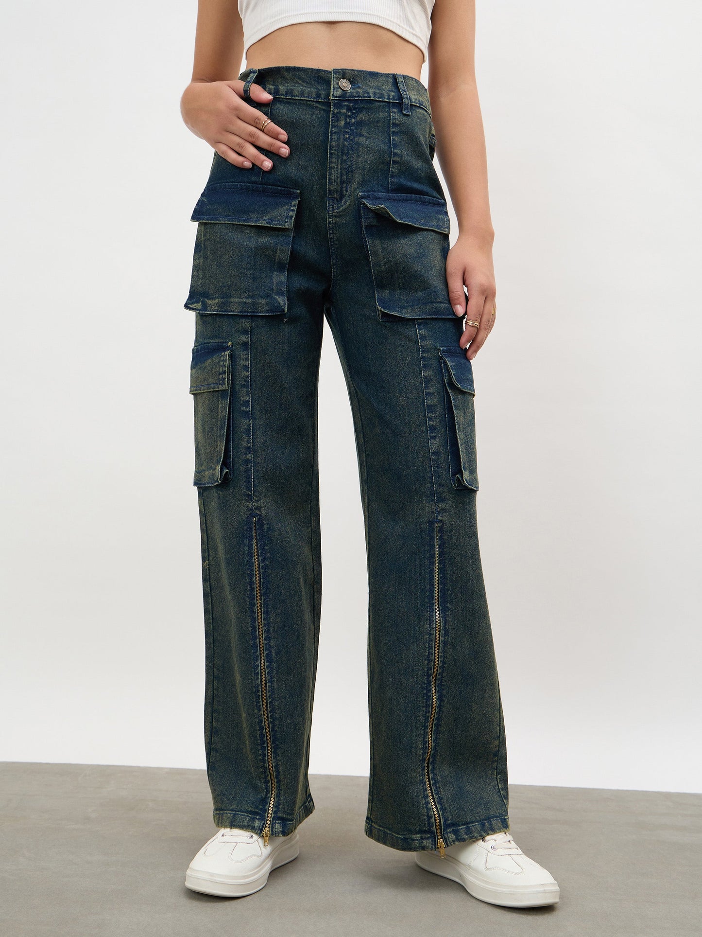 Navy Acid Wash Hem Zipper Cargo Straight Jeans