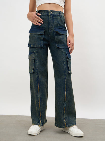 Navy Acid Wash Hem Zipper Cargo Straight Jeans