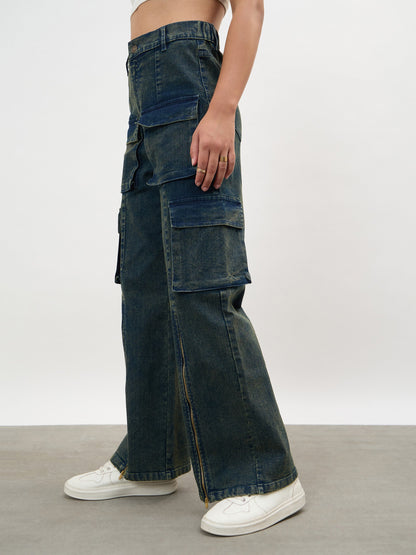 Navy Acid Wash Hem Zipper Cargo Straight Jeans