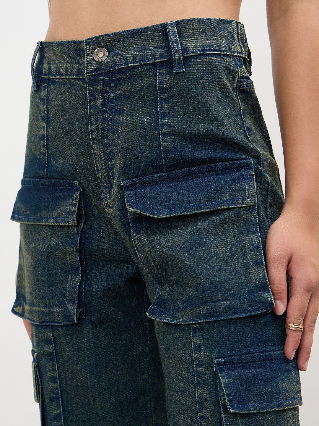 Navy Acid Wash Hem Zipper Cargo Straight Jeans