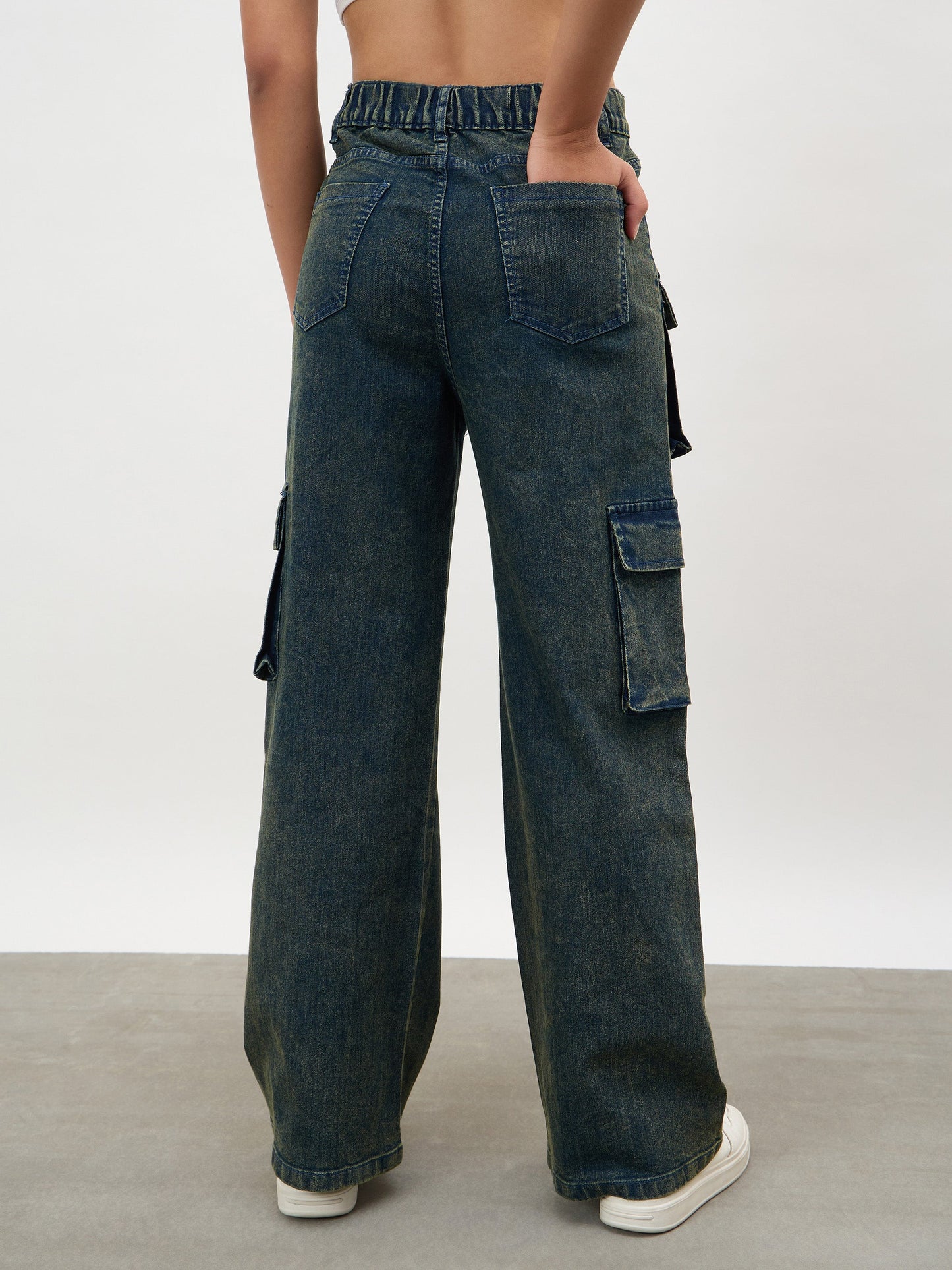Navy Acid Wash Hem Zipper Cargo Straight Jeans