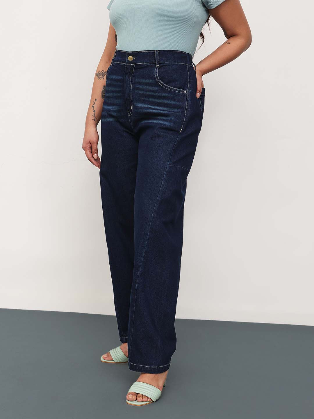 Navy Whisker Denim Side Seam Tapered Fit Jeans