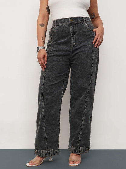 Black Wash Denim Hem Design Basic Straight Jeans