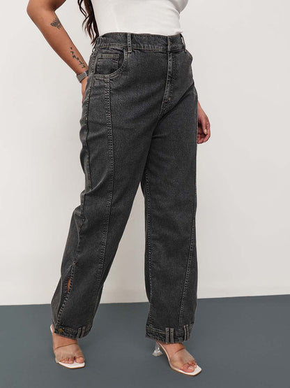 Black Wash Denim Hem Design Basic Straight Jeans