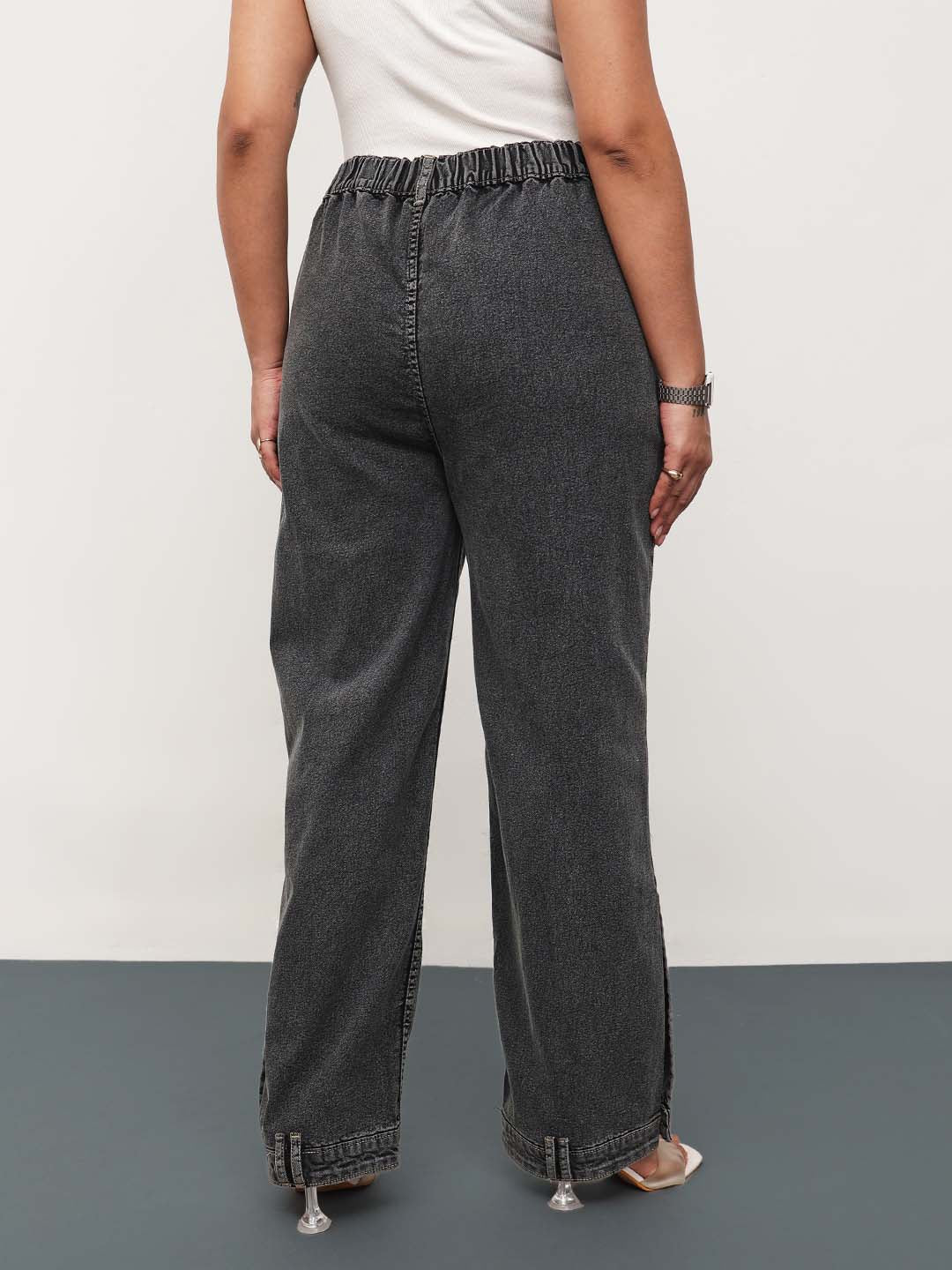 Black Wash Denim Hem Design Basic Straight Jeans