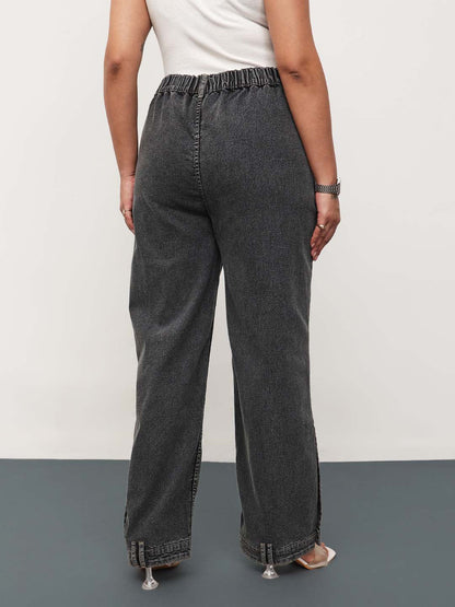 Black Wash Denim Hem Design Basic Straight Jeans