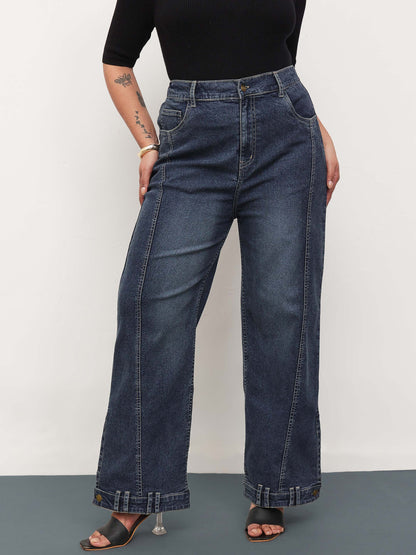 Navy Wash Denim Hem Design Basic Straight Jeans