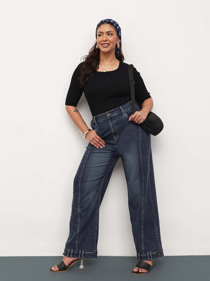 Navy Wash Denim Hem Design Basic Straight Jeans