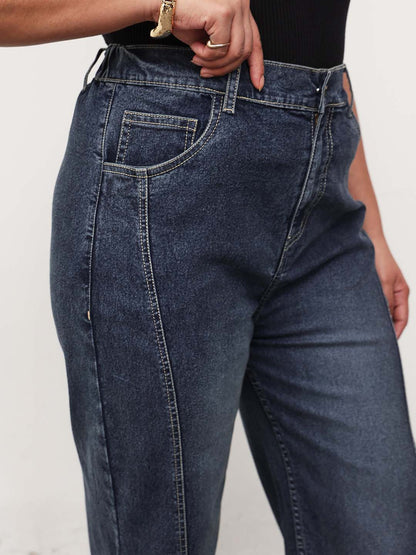 Navy Wash Denim Hem Design Basic Straight Jeans