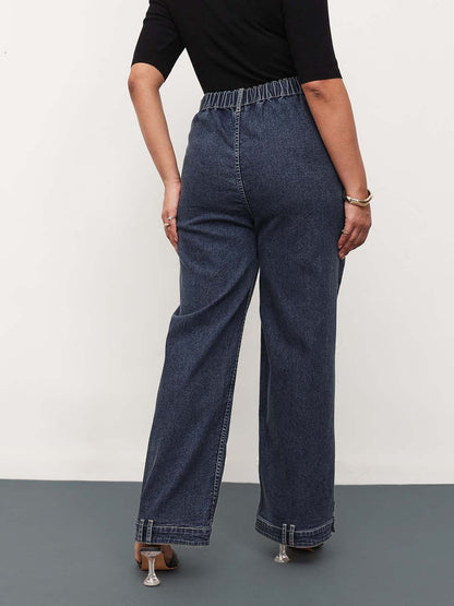 Navy Wash Denim Hem Design Basic Straight Jeans