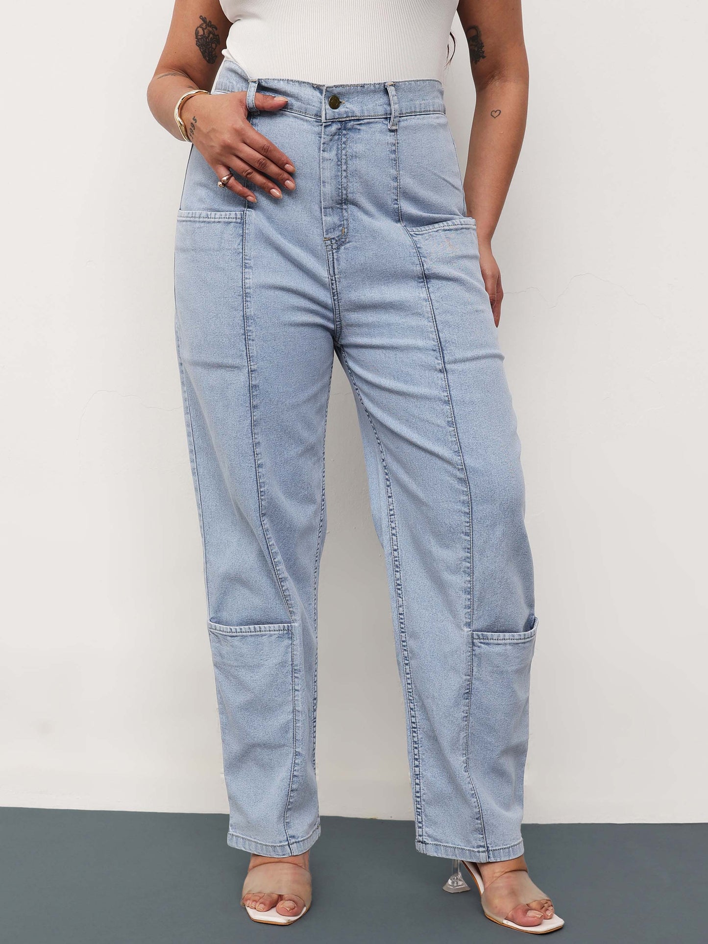 Ice Blue Denim Hem Pocket Tapered Fit Jeans