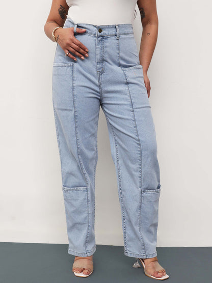 Ice Blue Denim Hem Pocket Tapered Fit Jeans