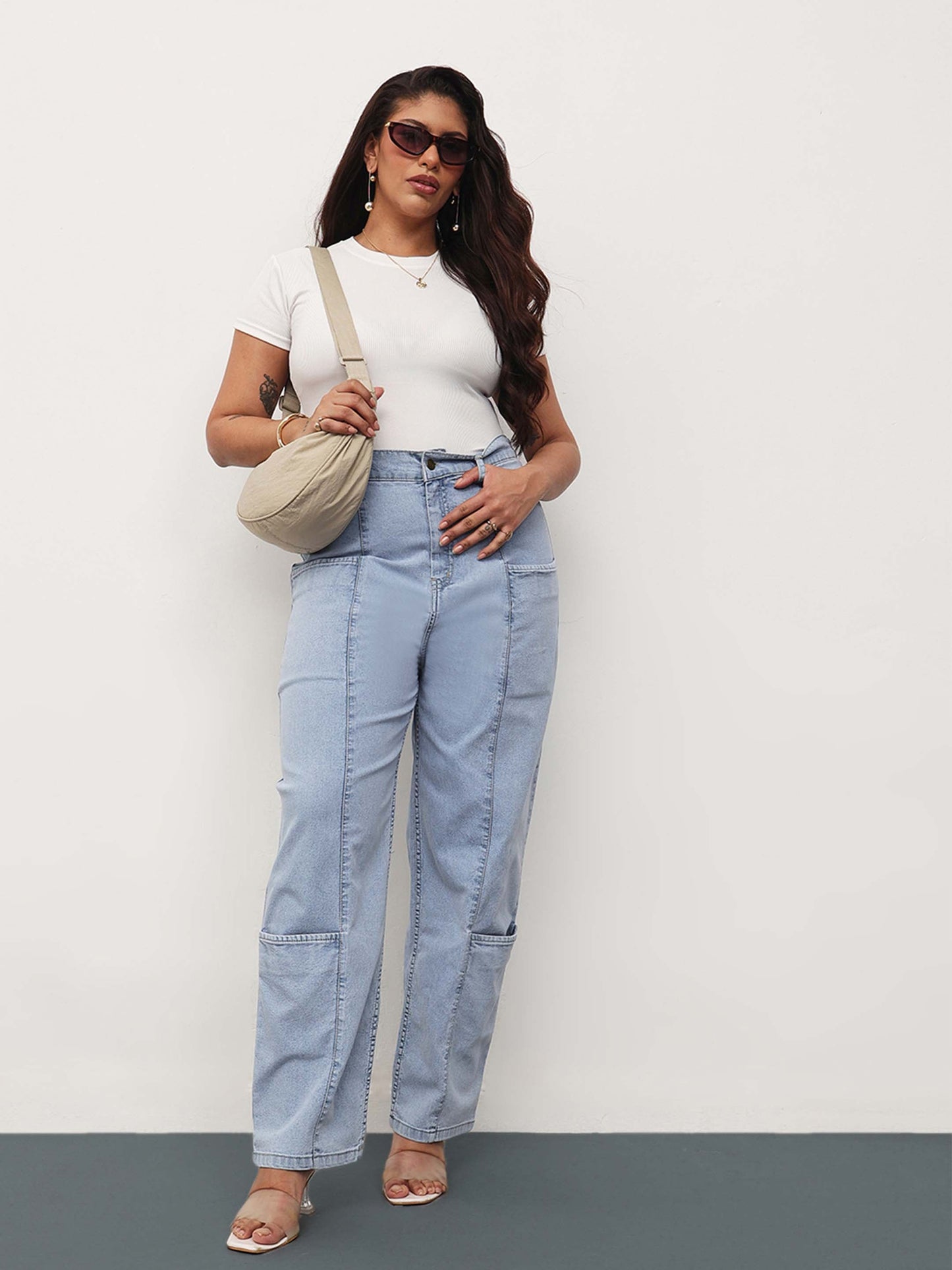 Ice Blue Denim Hem Pocket Tapered Fit Jeans