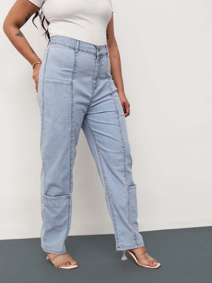 Ice Blue Denim Hem Pocket Tapered Fit Jeans