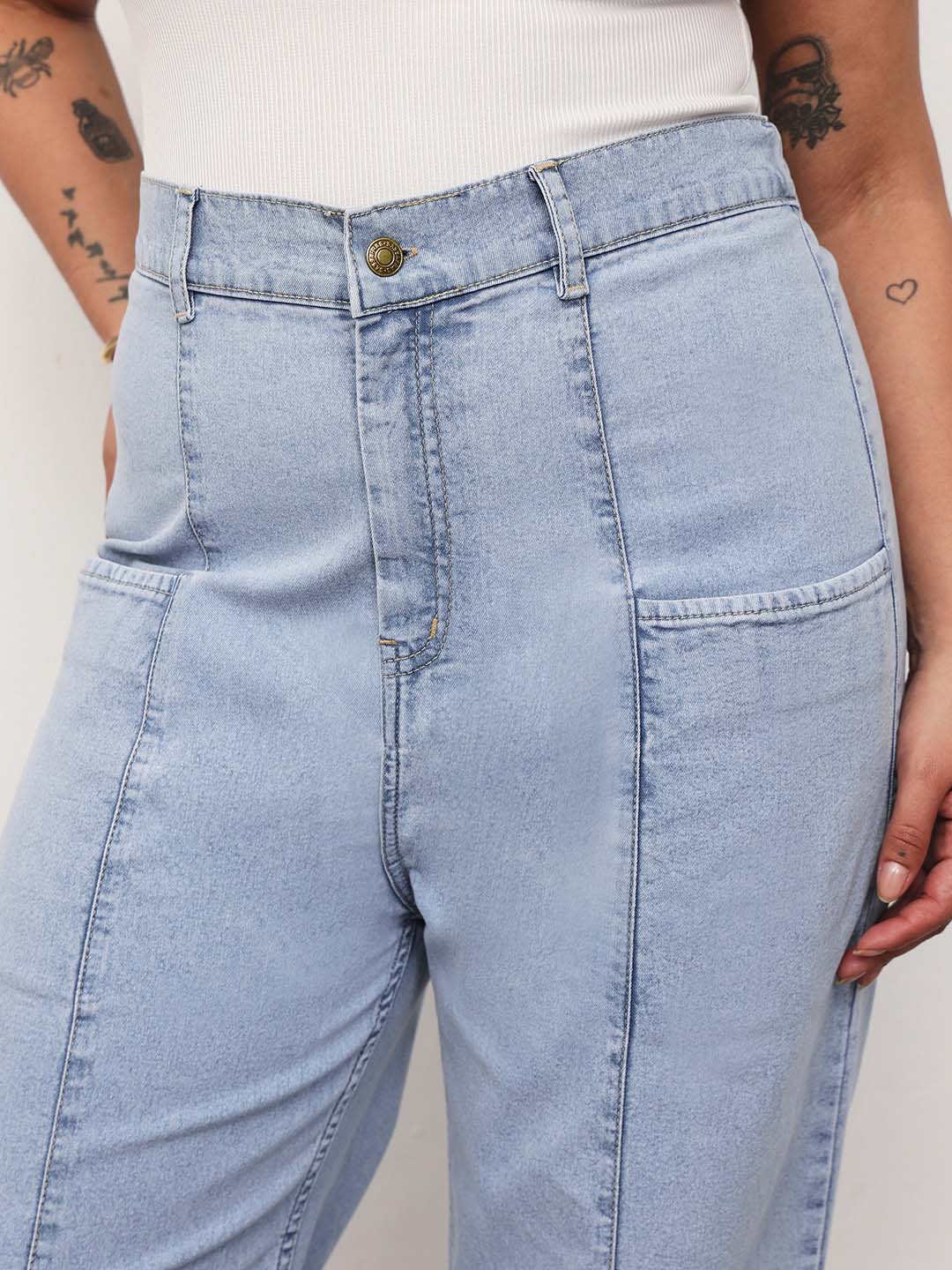 Ice Blue Denim Hem Pocket Tapered Fit Jeans