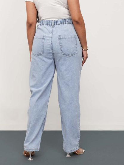 Ice Blue Denim Hem Pocket Tapered Fit Jeans