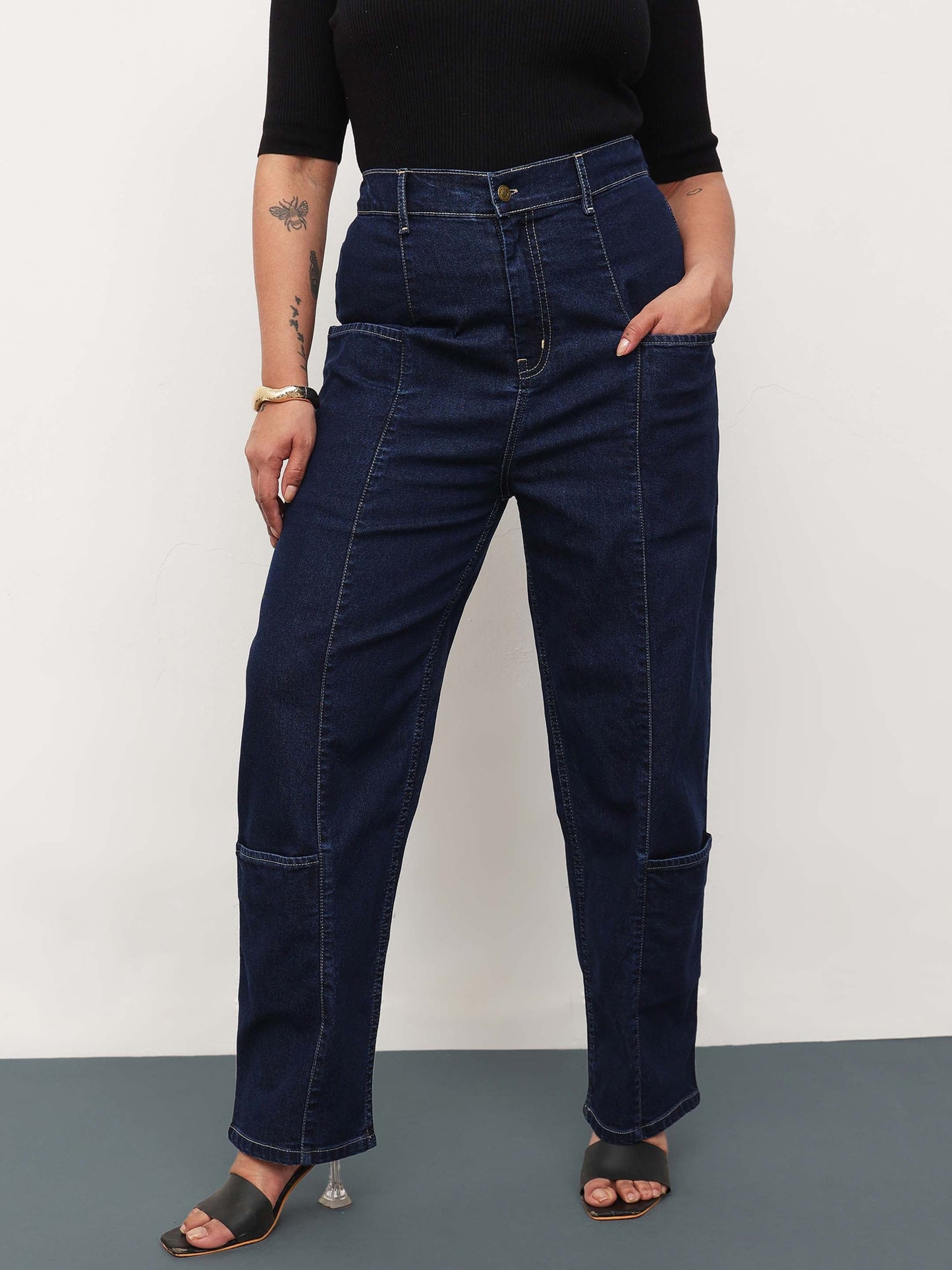 Navy Blue Denim Hem Pocket Tapered Fit Jeans