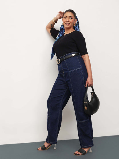 Navy Blue Denim Hem Pocket Tapered Fit Jeans