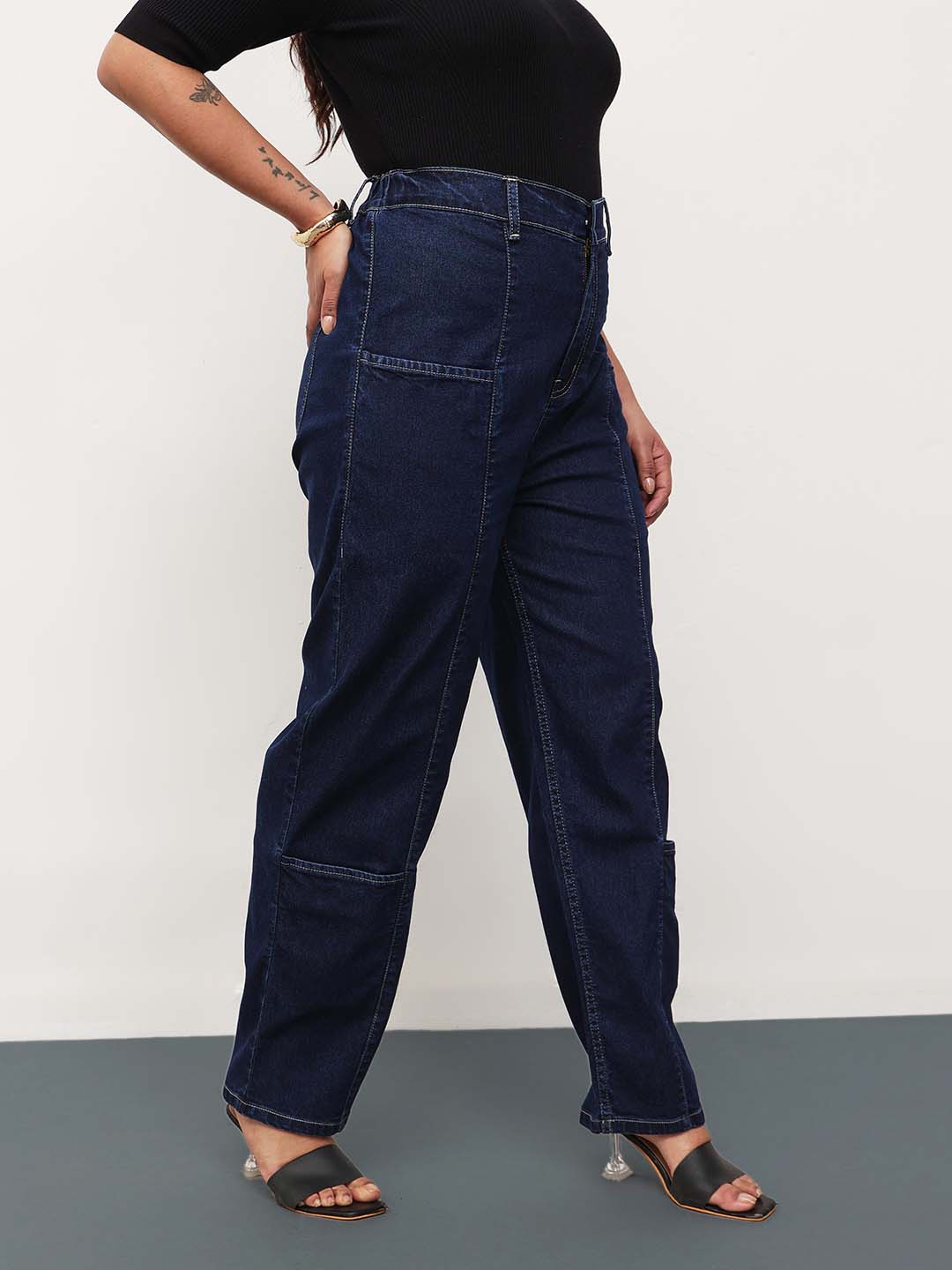 Navy Blue Denim Hem Pocket Tapered Fit Jeans