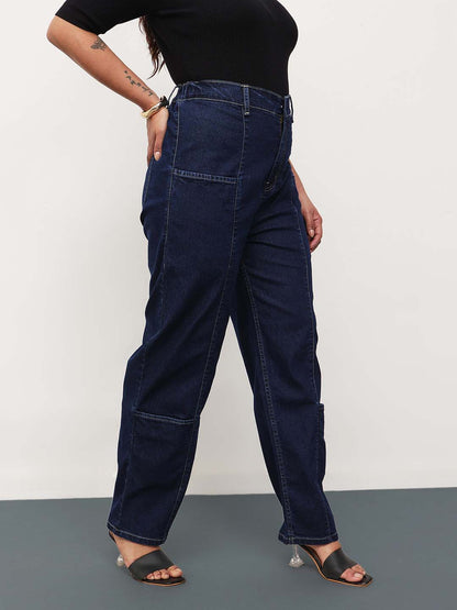 Navy Blue Denim Hem Pocket Tapered Fit Jeans