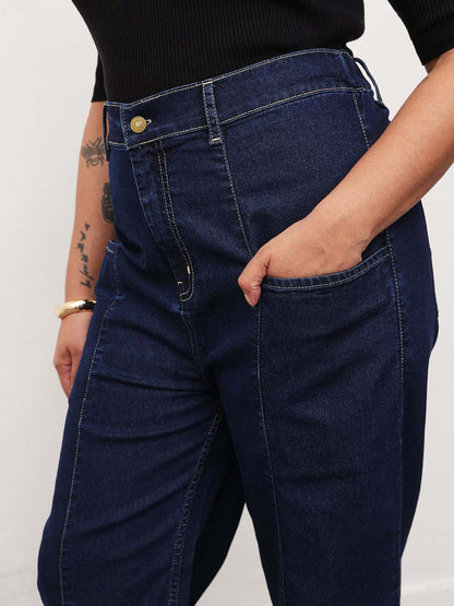 Navy Blue Denim Hem Pocket Tapered Fit Jeans