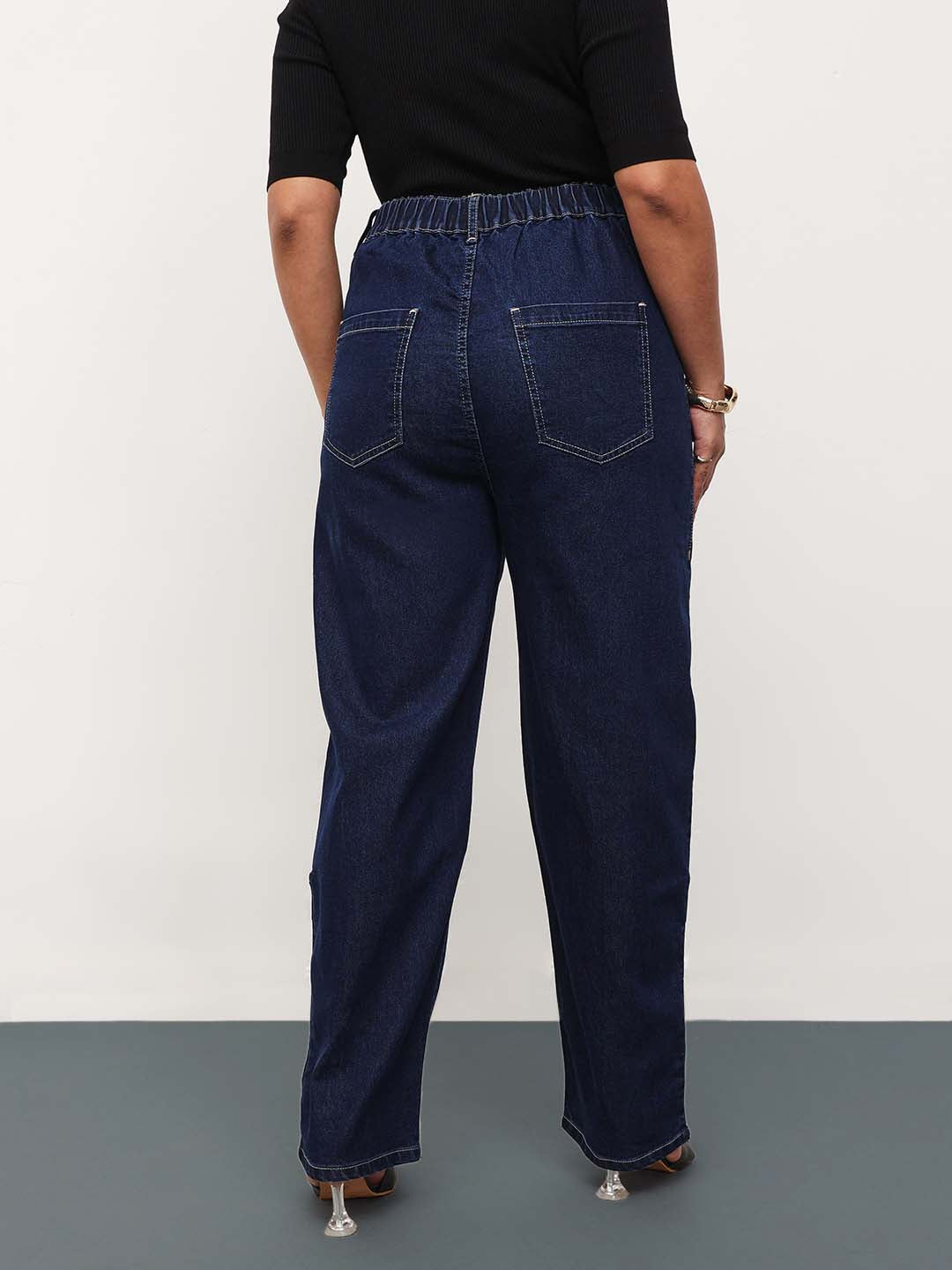 Navy Blue Denim Hem Pocket Tapered Fit Jeans