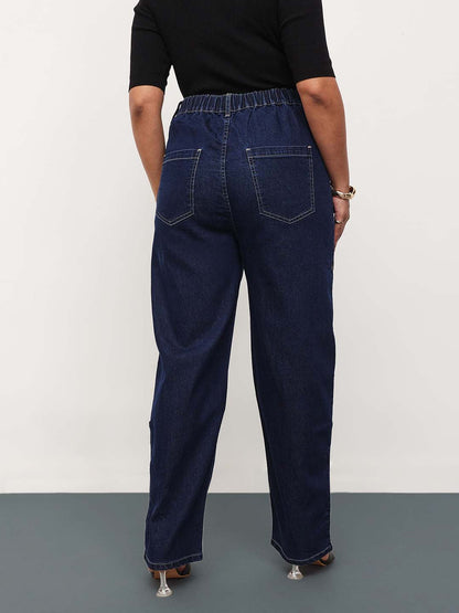 Navy Blue Denim Hem Pocket Tapered Fit Jeans