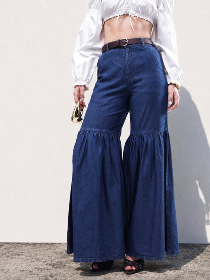 Women Blue Tencel Gathered High-Rise Jeans