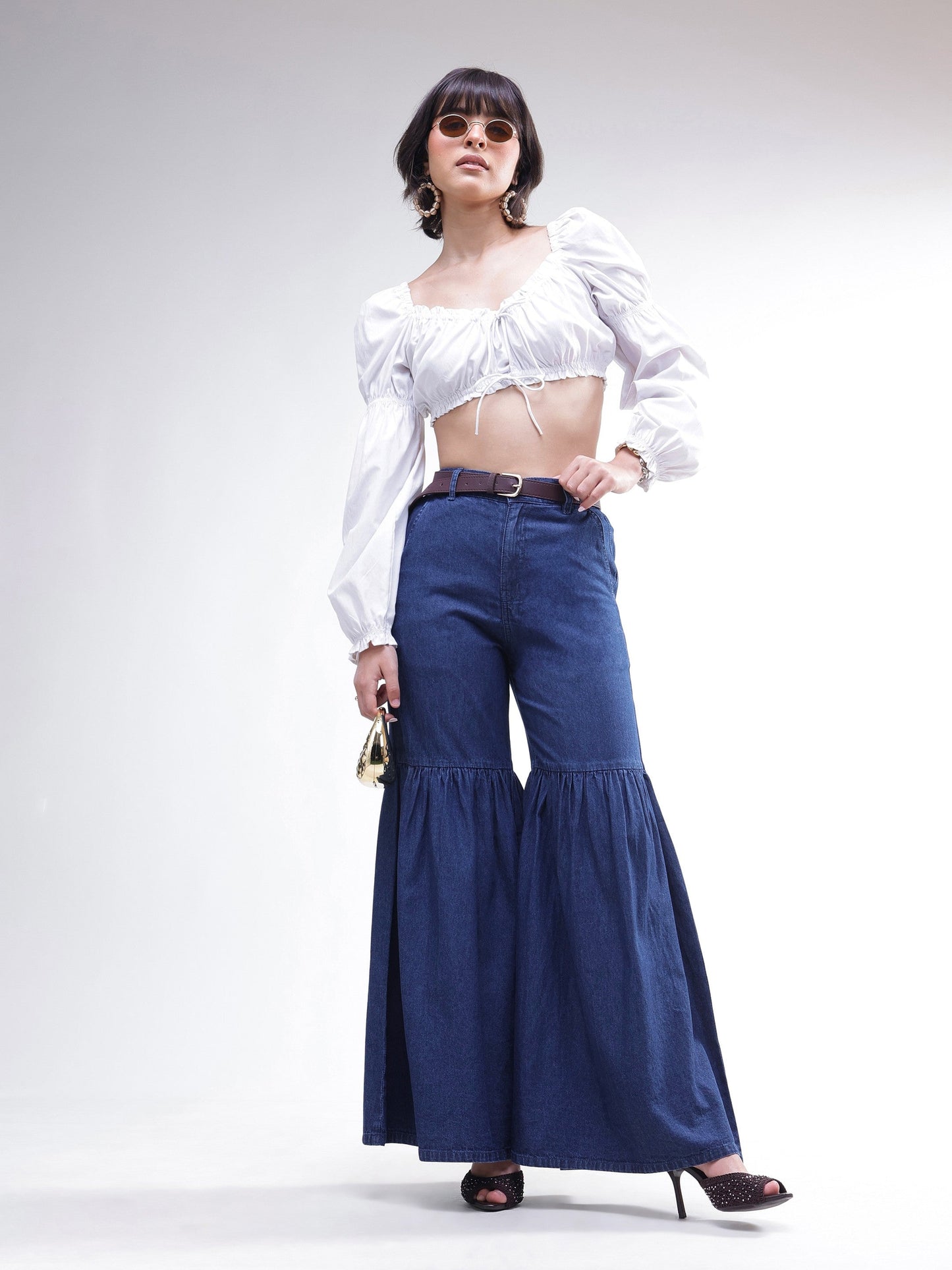 Women Blue Tencel Gathered High-Rise Jeans