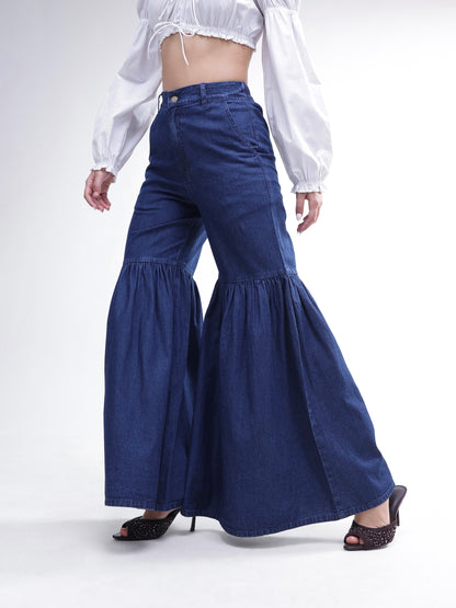 Women Blue Tencel Gathered High-Rise Jeans