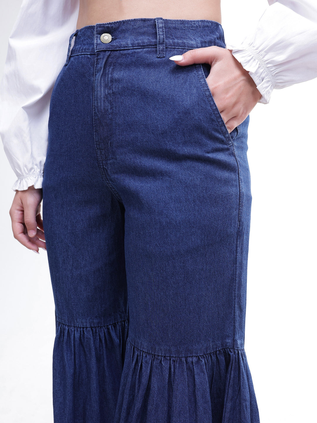 Women Blue Tencel Gathered High-Rise Jeans