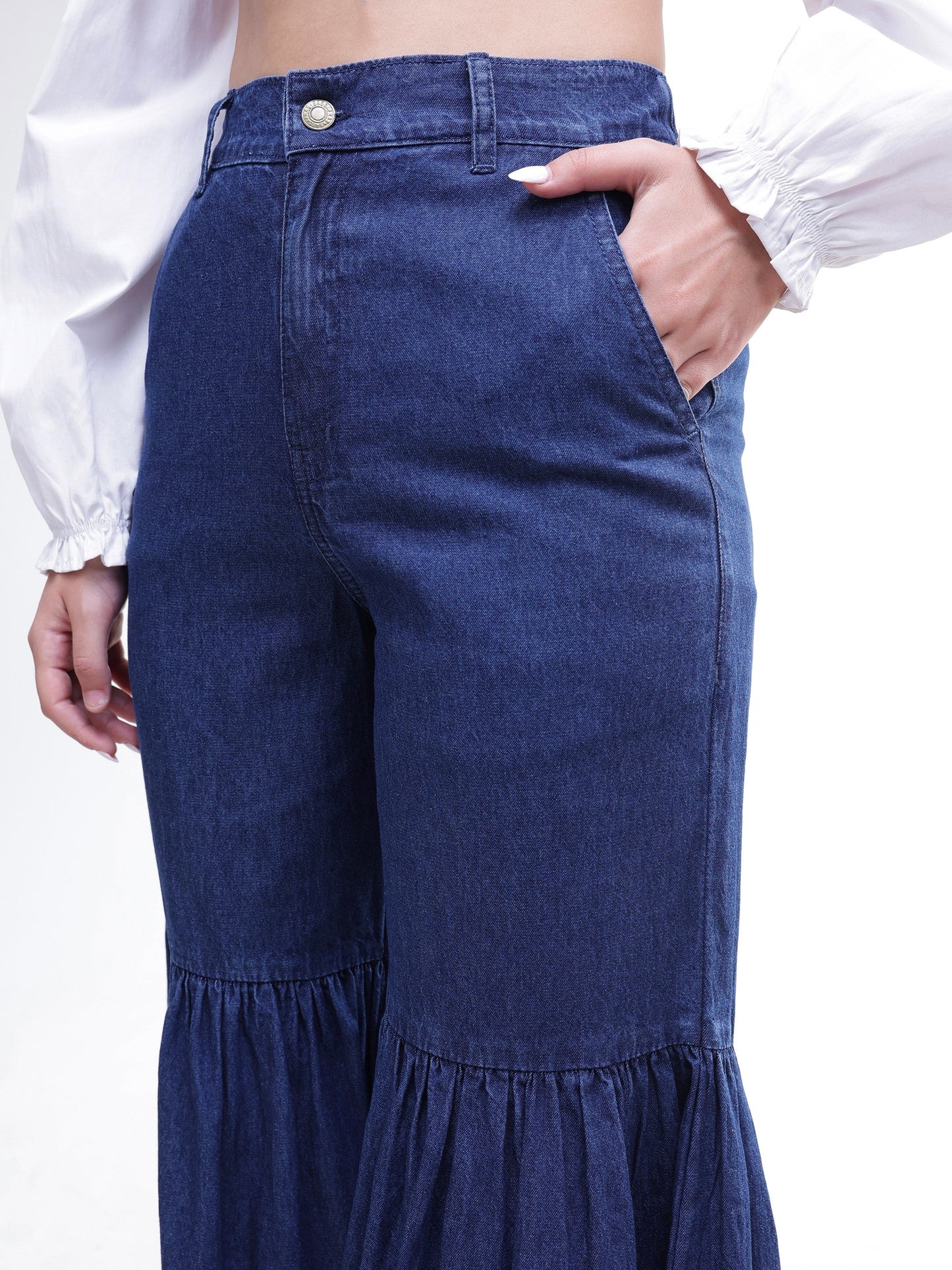Women Blue Tencel Gathered High-Rise Jeans