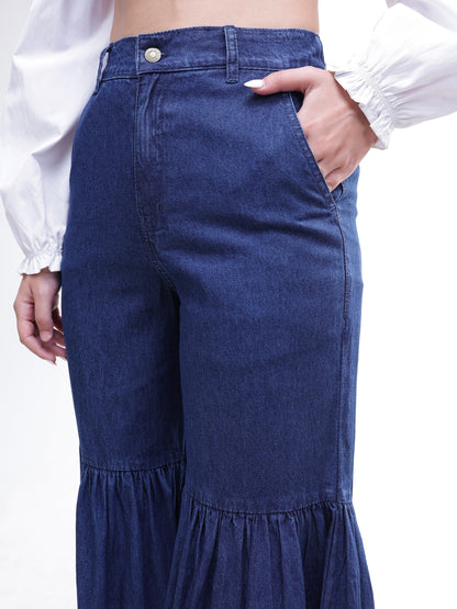 Women Blue Tencel Gathered High-Rise Jeans