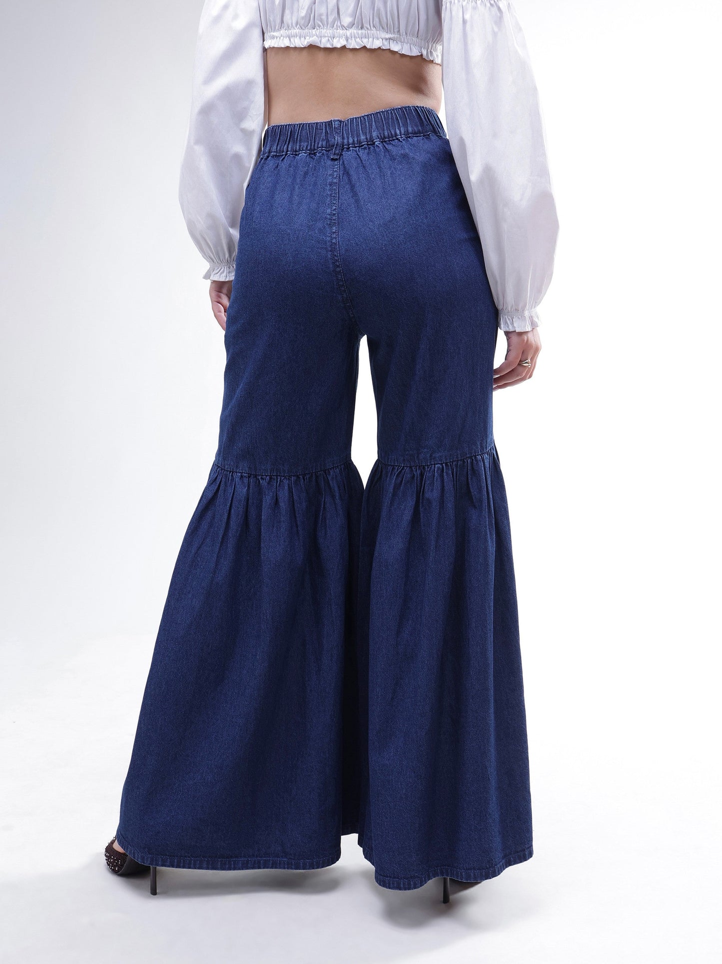 Women Blue Tencel Gathered High-Rise Jeans