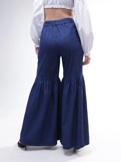 Women Blue Tencel Gathered High-Rise Jeans