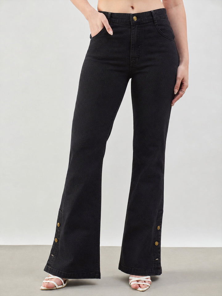 Women Jet Black Button-at-Hem Boot Cut Jeans