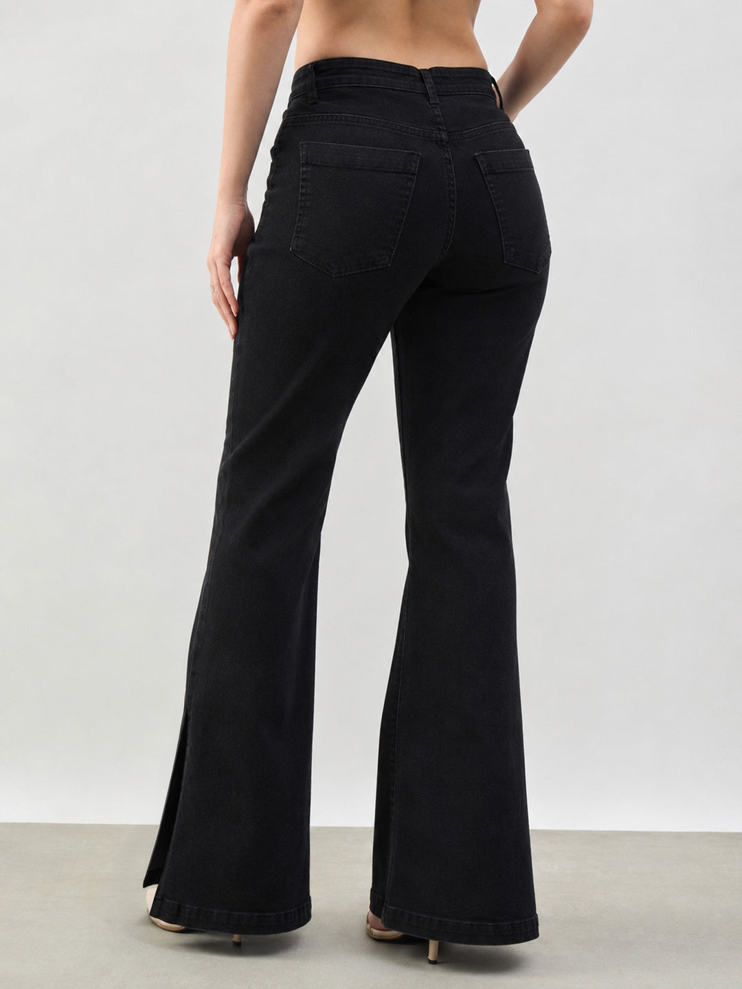 Women Jet Black Button-at-Hem Boot Cut Jeans