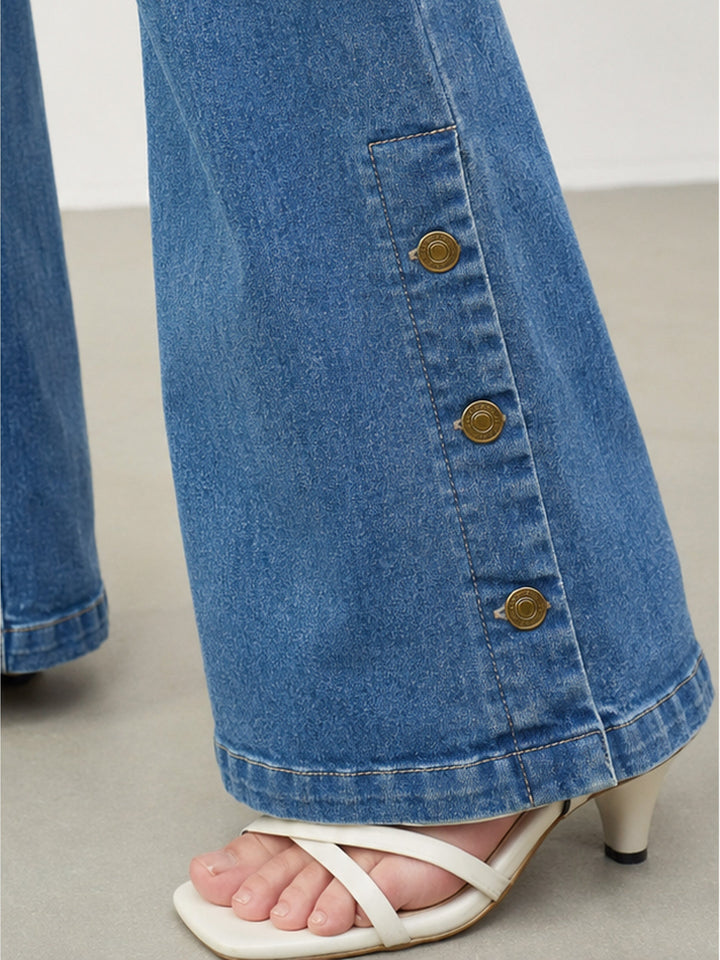 Women Blue Whisker Button-at-Hem Boot Cut Jeans