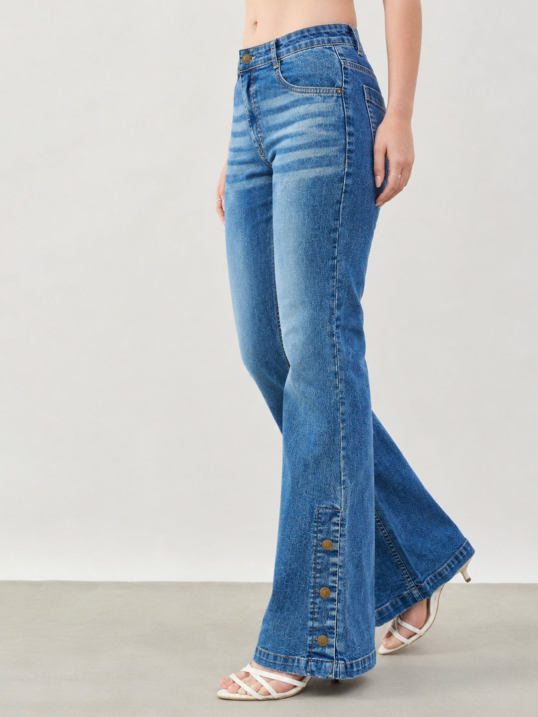 Women Blue Whisker Button-at-Hem Boot Cut Jeans