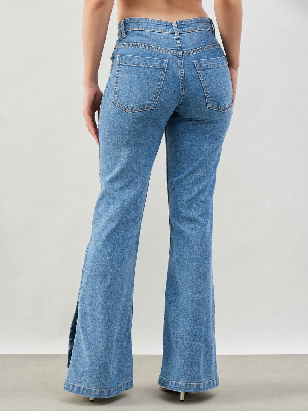 Women Blue Whisker Button-at-Hem Boot Cut Jeans