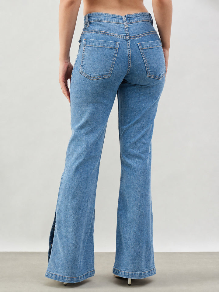 Women Blue Whisker Button-at-Hem Boot Cut Jeans